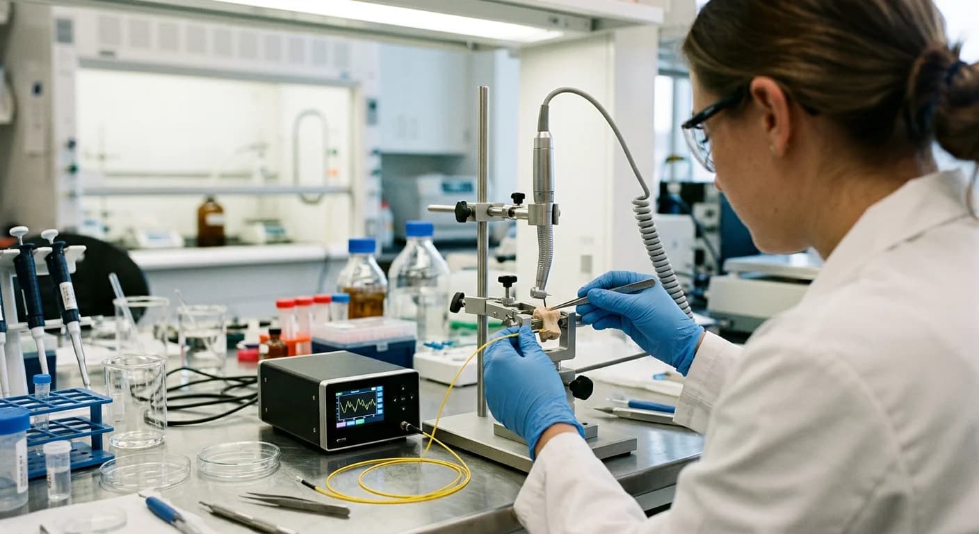 A laboratory photo of a researcher in gloved hands securing a small bone specimen in a clamp, with a waveform displayed on the screen of measurement equipment connected to a fiber-optic cable