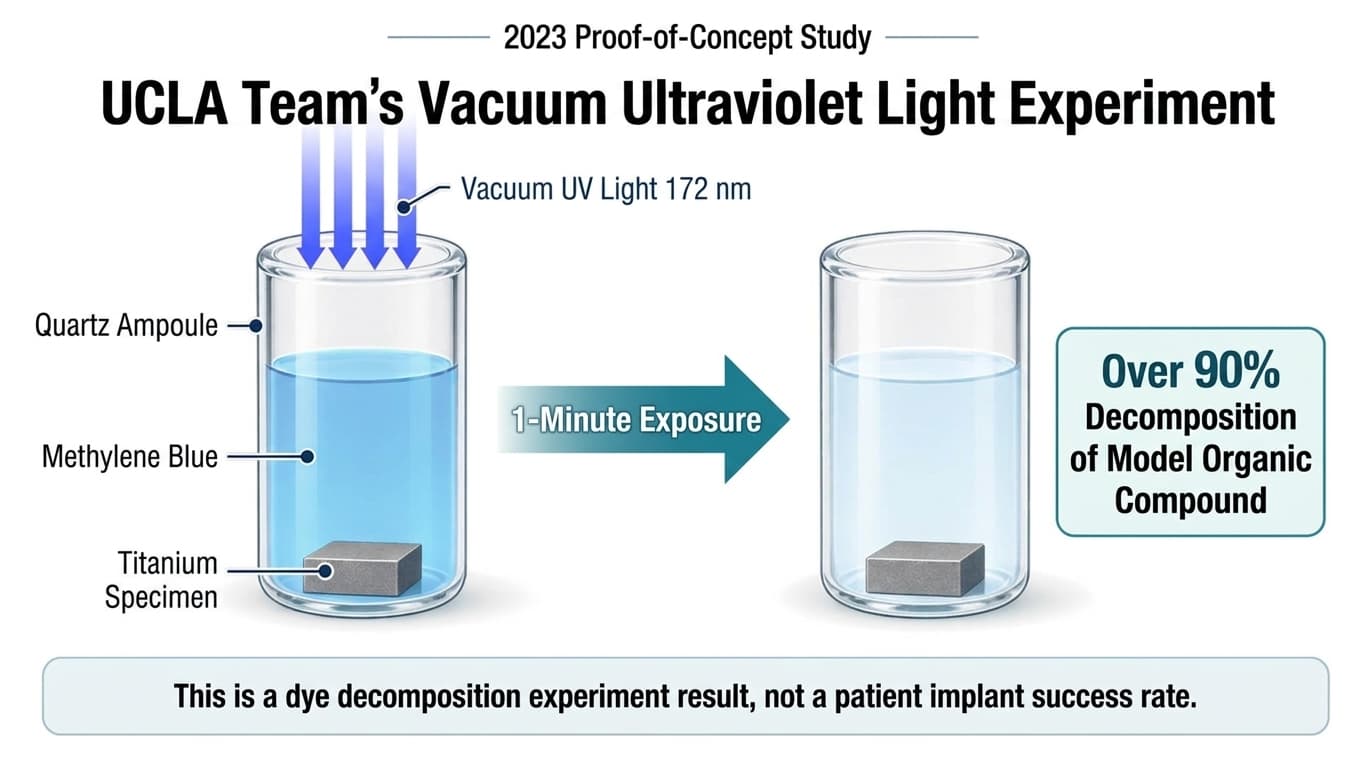 A diagram explaining UCLA's proof-of-concept experiment, in which methylene blue in a quartz ampoule was exposed to 172nm vacuum ultraviolet light for one minute