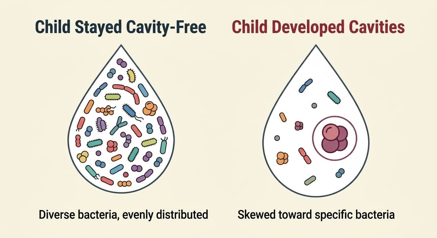 An illustration comparing the bacterial makeup of saliva between a child who stayed cavity-free and a child who developed cavities. The left side shows diverse bacteria evenly distributed, while the right side is skewed toward specific bacteria