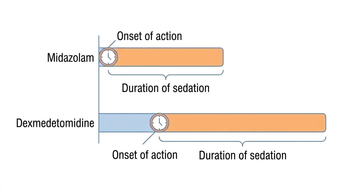 A timeline diagram showing that midazolam takes effect quickly and wears off quickly, while dexmedetomidine takes effect later but keeps a child sedated for longer