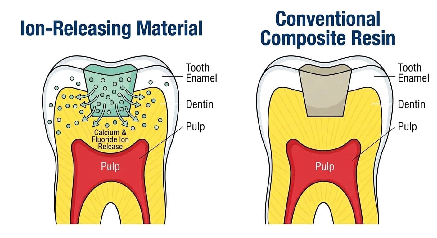 Cross-section comparing an ion-releasing restorative with conventional composite resin. The ions released differ by material; a conceptual diagram for illustration purposes