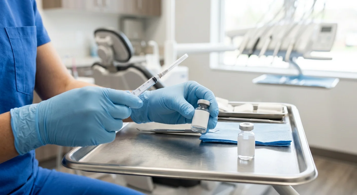 Gloved hands preparing a syringe and vials on a surgical tray