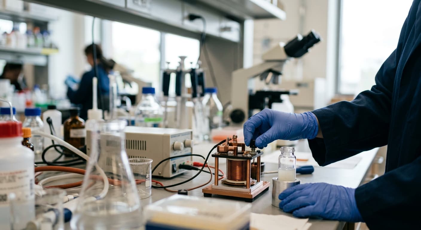 A lab workbench scene showing a magnetic field generator and a glass vial containing gel being handled