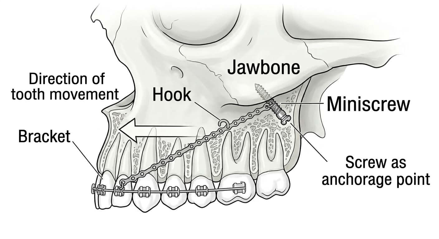 Illustration showing a small screw placed at an angle in the bone behind the upper molars, with a chain hooked to it pulling the entire dental arch backward