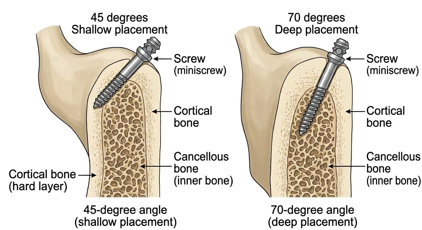 Illustration comparing screws placed at 45 degrees and 70 degrees in the same jawbone, showing that the screw placed at 70 degrees engages a thicker layer of cortical bone