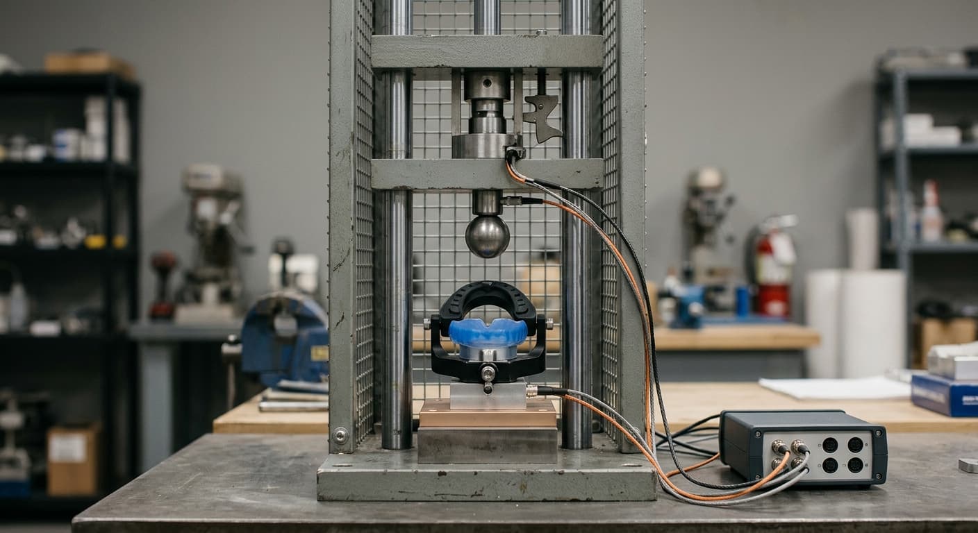 A mouthguard specimen fixed beneath a drop-impact tester, with a metal weight suspended above it ready to strike
