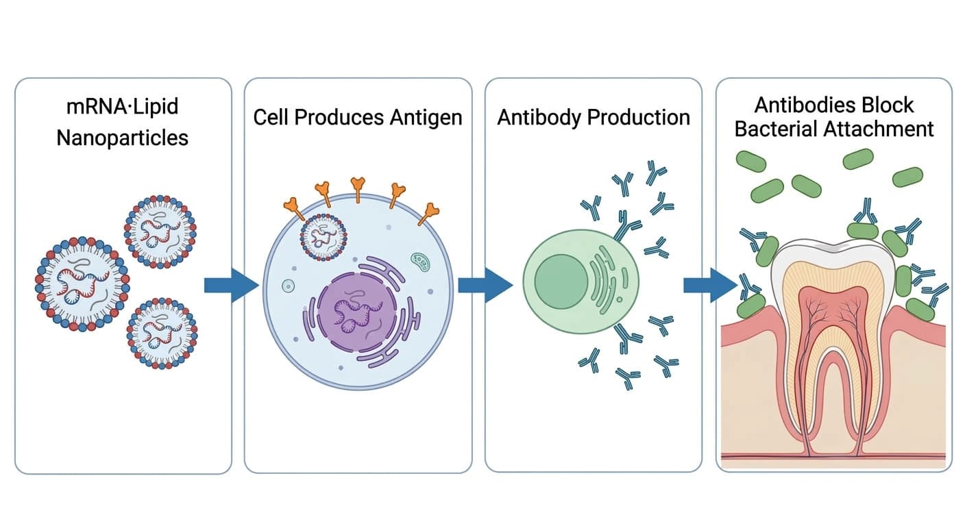A four-panel illustration showing mRNA packaged in a lipid nanoparticle entering a cell to produce an antigen, which the immune system recognizes to produce antibodies that block bacterial attachment to the tooth surface.