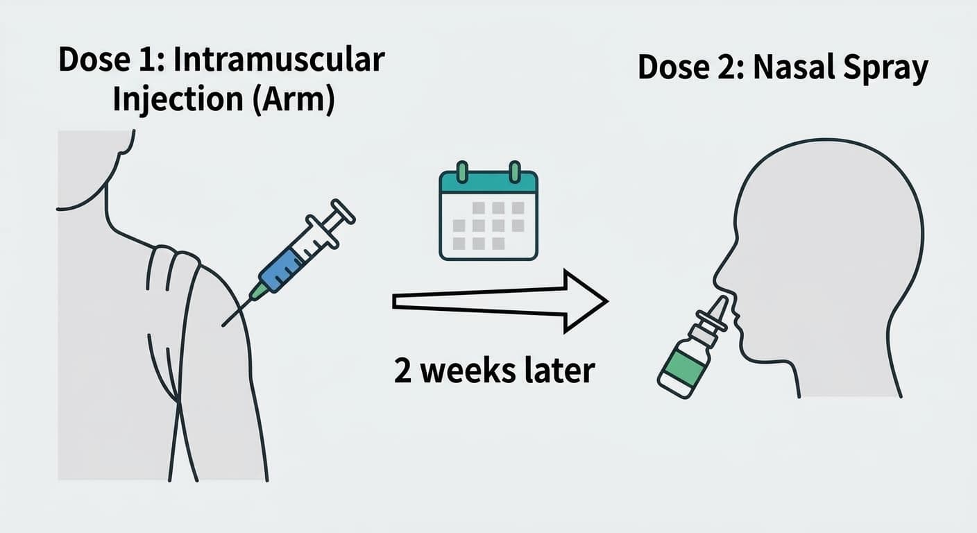 An illustration showing the two-step administration: first injecting the vaccine into arm muscle, then spraying it into the nose two weeks later.