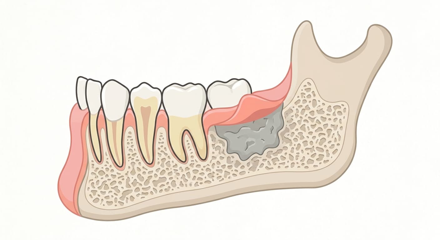 Cross-section illustration of the jawbone showing grayish dead bone tissue exposed behind the gum