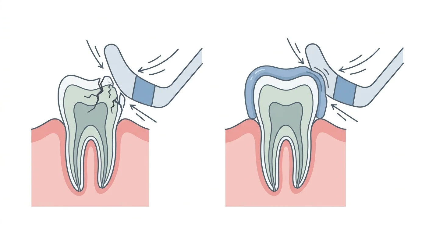 Side-by-side cross-section illustrations of a bare front tooth cracking from a stick impact and a front tooth protected by a mouthguard absorbing the impact