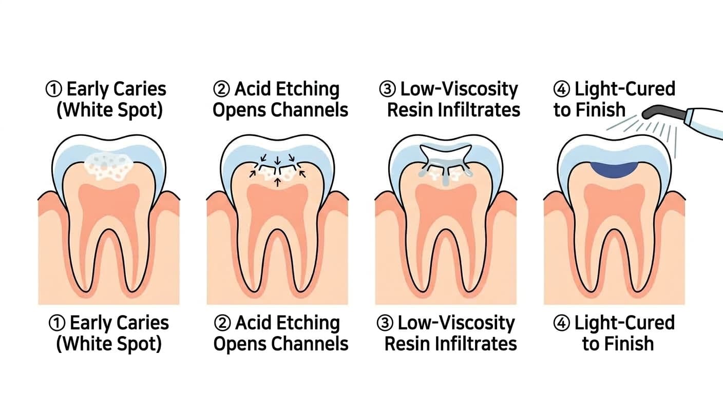 The four steps of resin infiltration treatment, shown in order: enamel with a white-spot lesion, acid opening a channel, low-viscosity resin infiltrating, and light-curing to finish