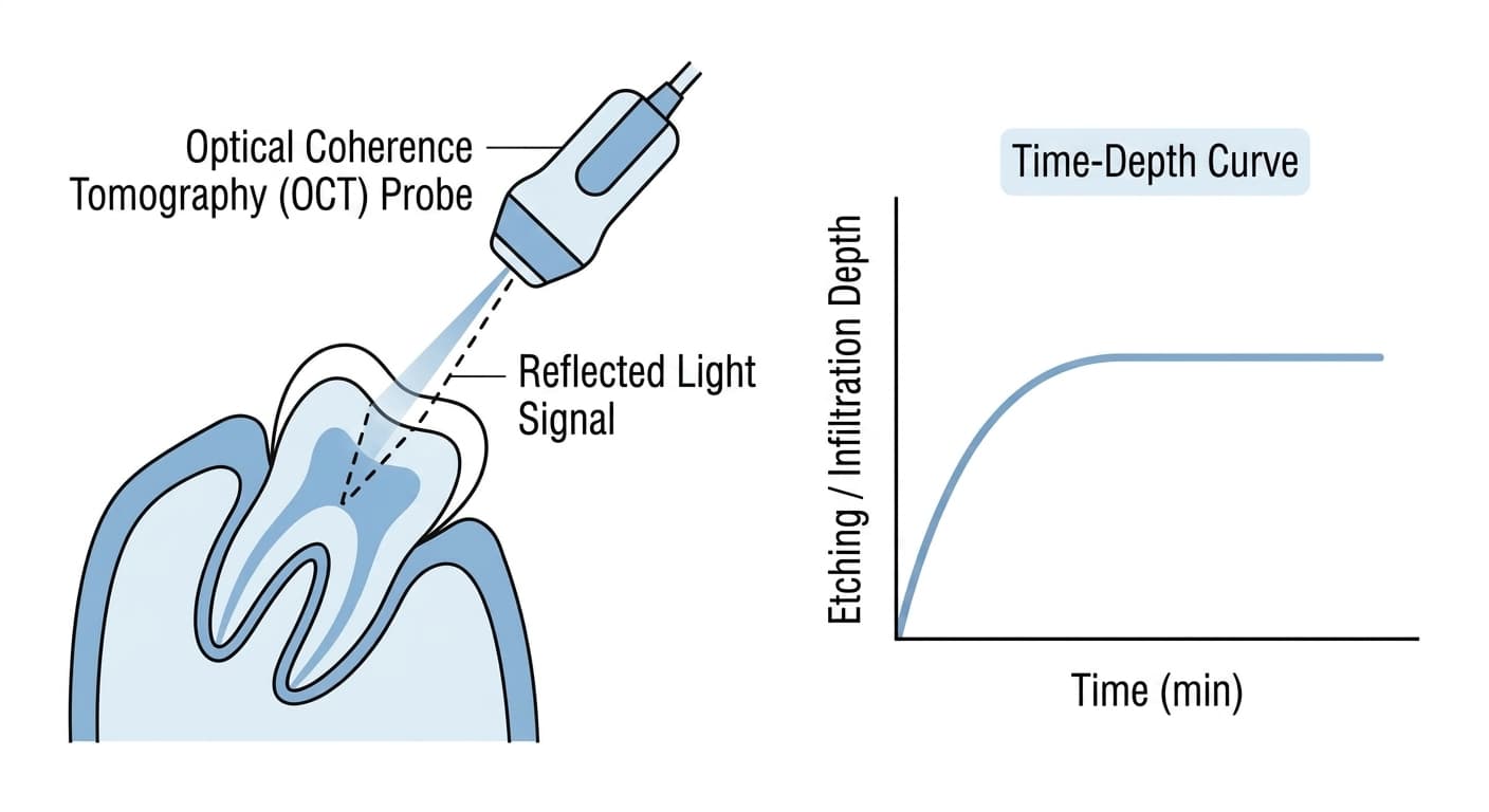 How an optical coherence tomography (OCT) probe shines light onto a tooth and measures etching and infiltration depth from the reflected signal, and a time-depth curve showing depth increasing over time before plateauing