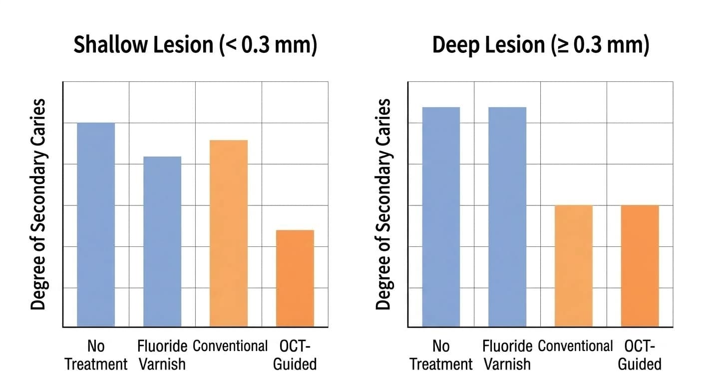 A chart comparing the degree of secondary caries among no treatment, fluoride varnish, conventional resin infiltration, and OCT-guided resin infiltration in shallow and deep lesions. In shallow lesions, the OCT-guided approach had the least secondary caries; in deep lesions, the conventional and OCT-guided approaches both showed similarly low levels of secondary caries