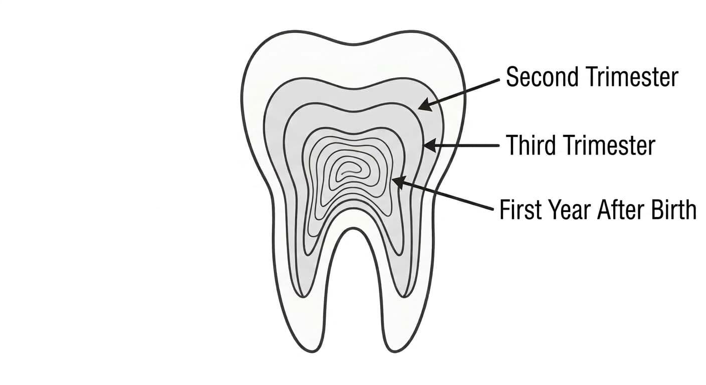 Cross-section diagram of a baby tooth showing layers formed from the fetal period through the first year of life