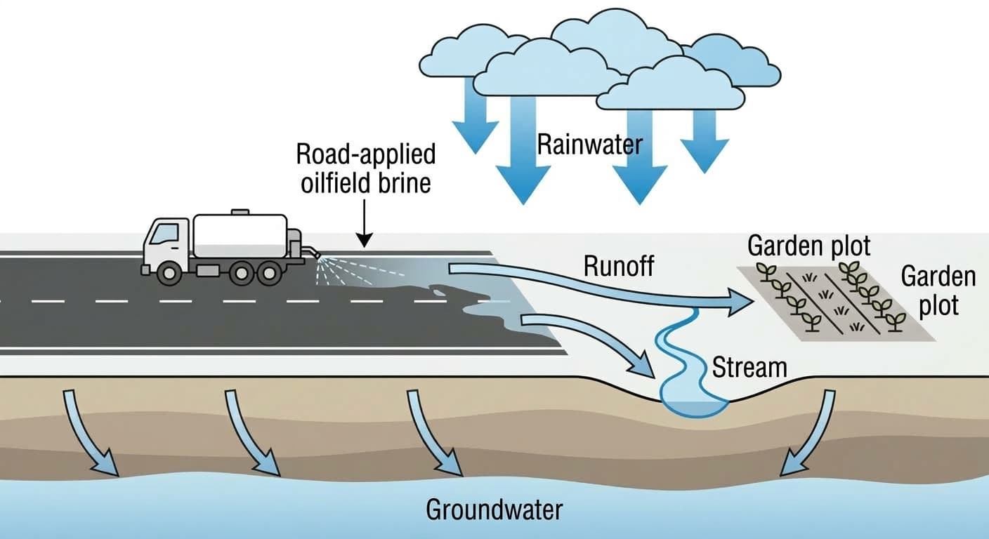 Diagram showing a spray truck applying oilfield brine to a road, with rainwater washing it into a garden plot, a stream, and groundwater