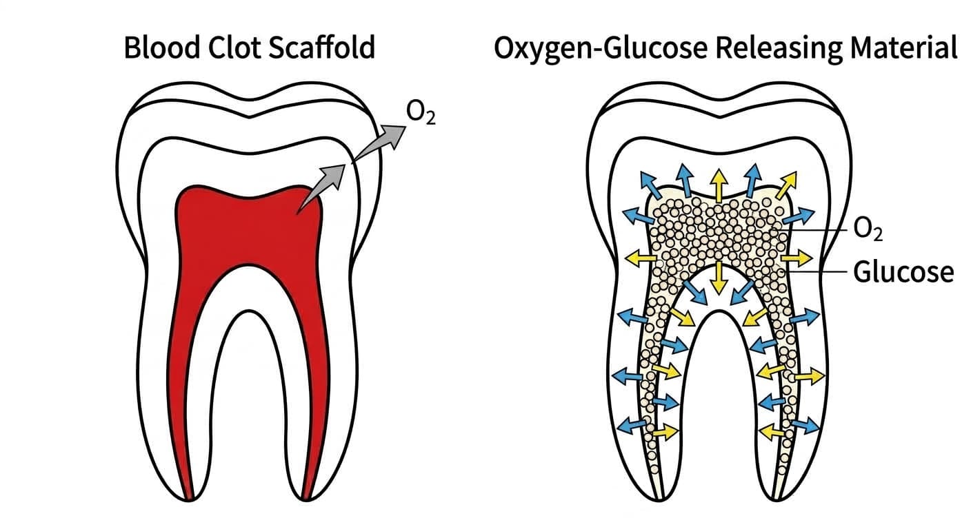 Cross-sectional tooth diagrams comparing the blood clot scaffold used in conventional regenerative endodontics with a new material that evenly distributes oxygen and glucose throughout the root canal