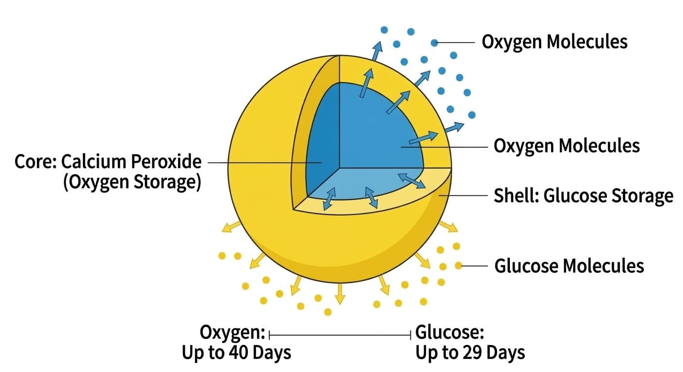 Cross-sectional diagram of a bead-shaped release material consisting of an oxygen-storing core and a glucose-storing shell, showing the release duration of each substance