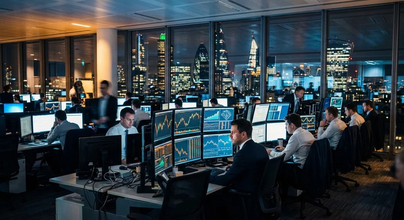 Financial workers at a late-night office with price charts displayed across multiple monitors