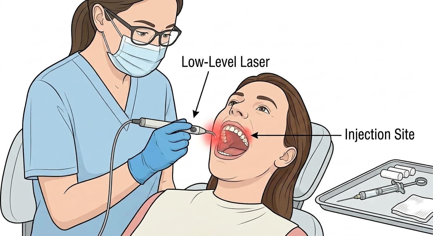 A dentist holding a small low-level laser device against a patient's gum before giving an anesthetic injection
