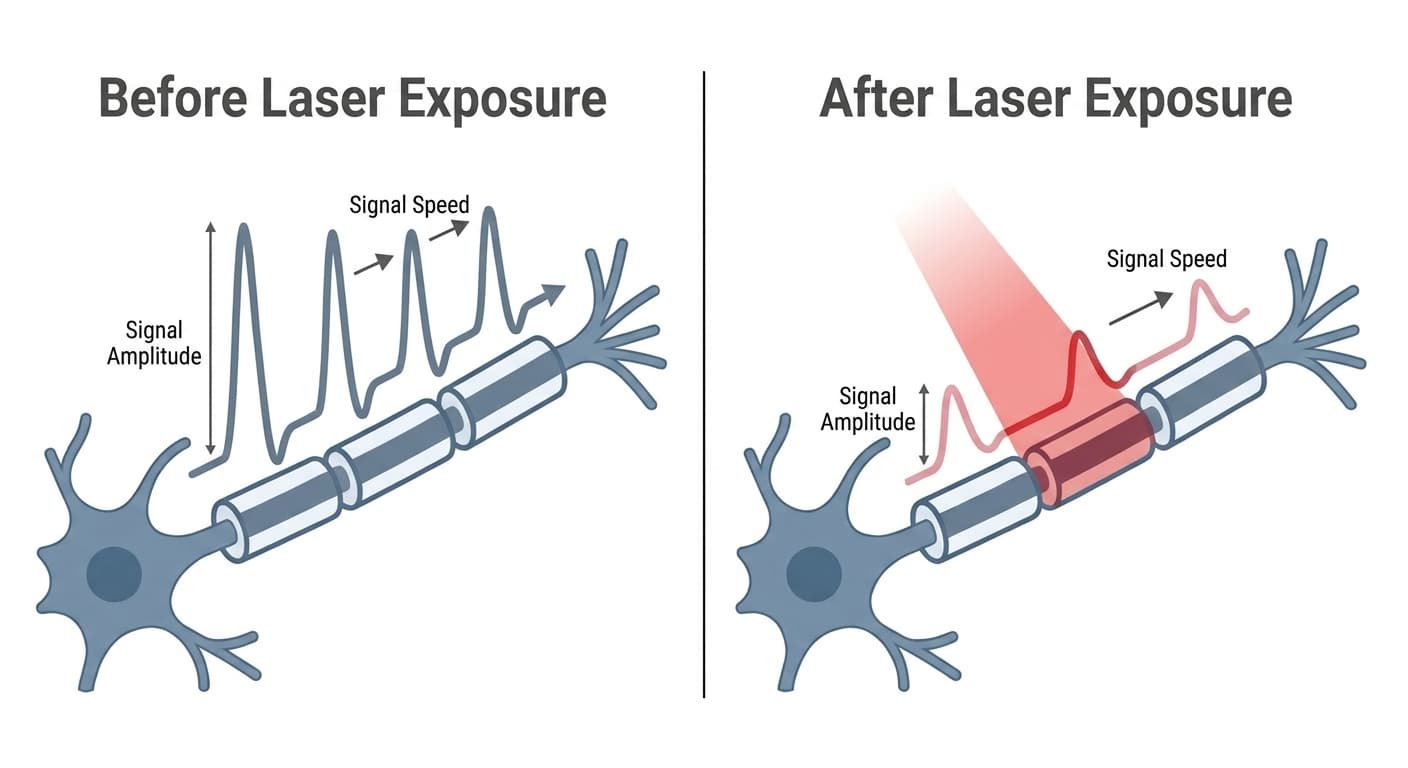 A diagram comparing the amplitude and speed of electrical signals traveling along a nerve fiber before and after laser exposure