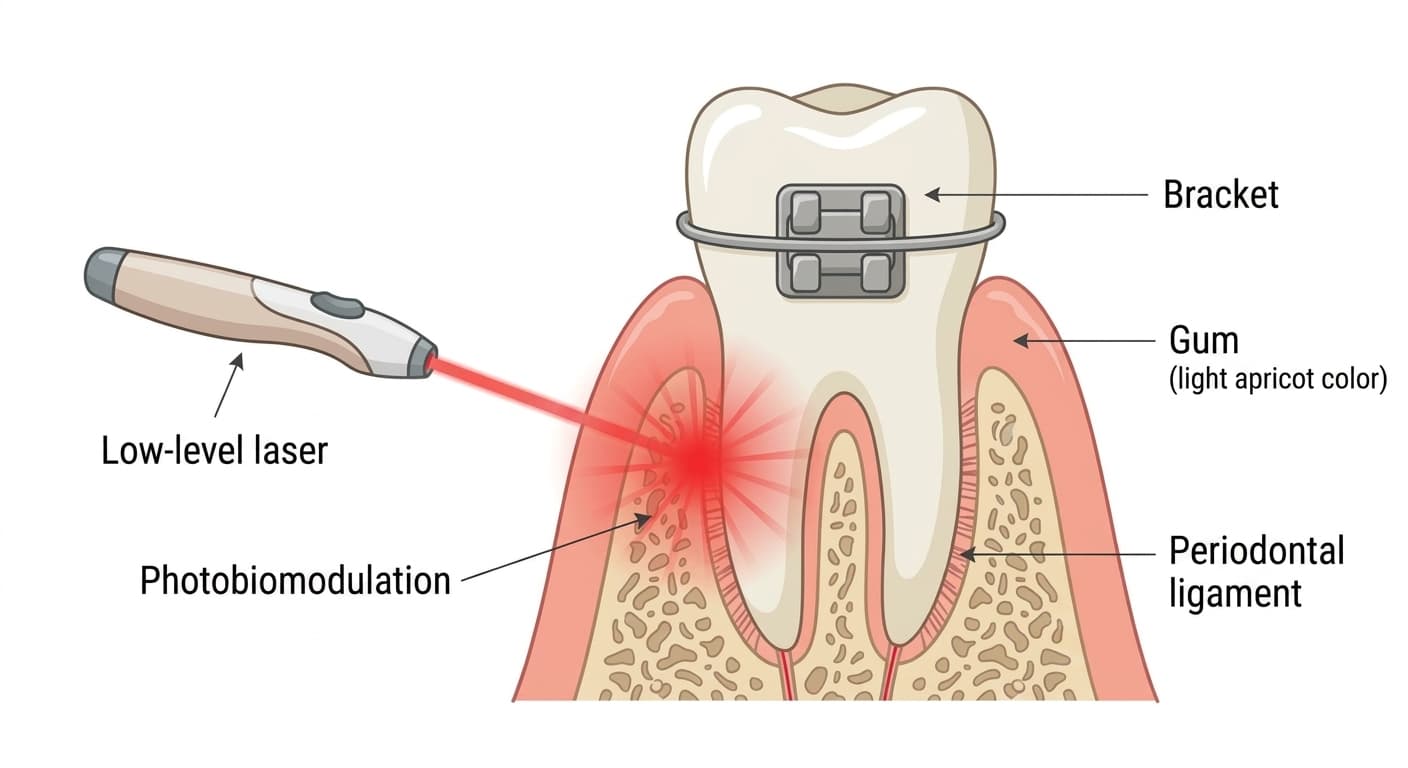 Cross-section showing a low-level laser device shining red light onto the gum (periodontal ligament) beside a tooth with a bracket attached. Arrows mark where photobiomodulation occurs.