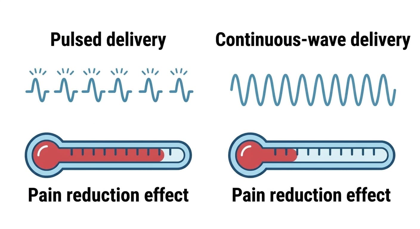 Diagram comparing pulsed laser delivery and continuous-wave laser delivery as waveforms, with thermometer gauges showing each one's pain-reduction effect.