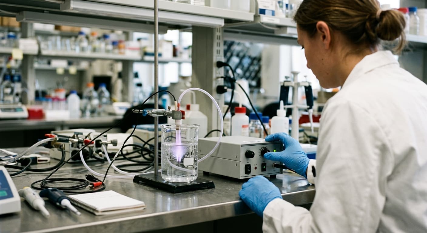 A researcher in a lab handling a plasma-generating device and a beaker of water