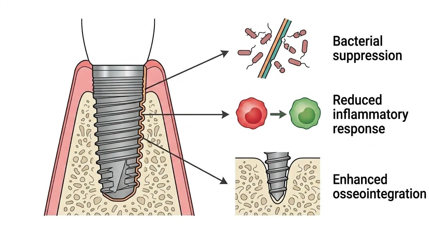 Cross-section diagram showing how the PA coating on an implant surface produces three effects: bacterial suppression, reduced inflammatory response, and enhanced osseointegration