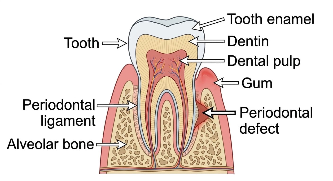 Cross-section illustration showing a periodontal defect and the tissues that support the tooth