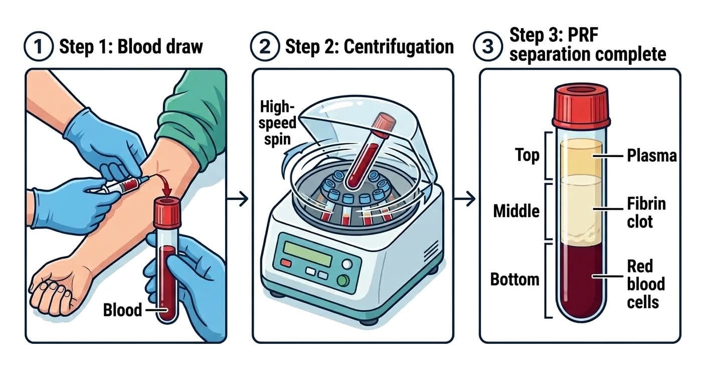 Three-step process of making PRF at a dental clinic, from blood draw to centrifugation