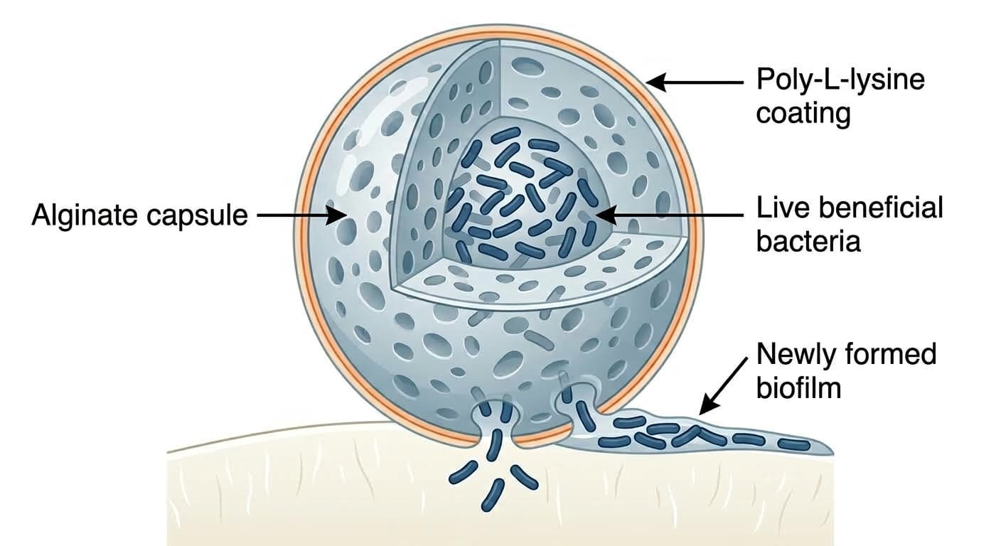 Cross-section of an alginate capsule. Live beneficial bacteria sit inside a capsule coated with poly-L-lysine, and bacteria released from the capsule form a new biofilm on the surface.