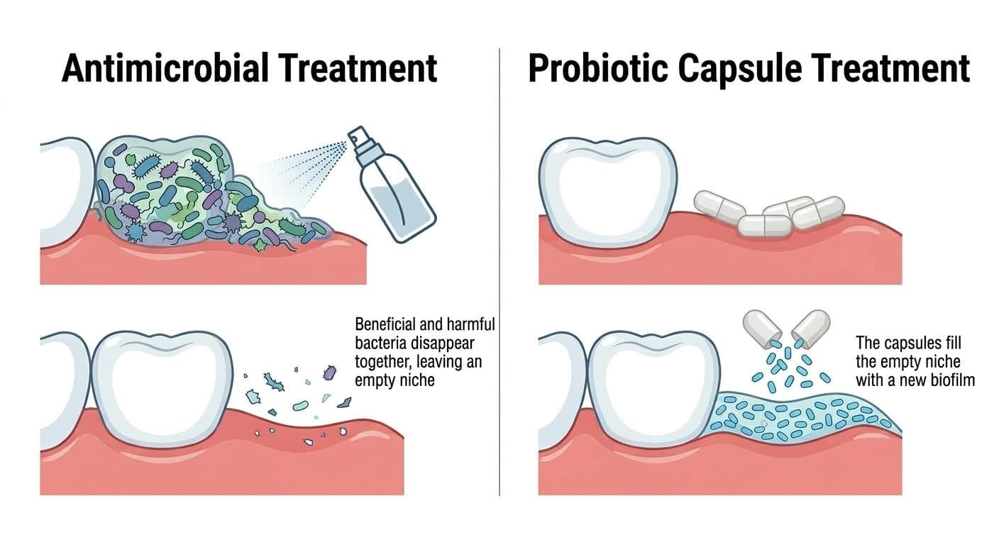 Side-by-side comparison of antimicrobial treatment and probiotic capsule treatment. Antimicrobials clear away bacteria and leave an empty niche, while the capsules fill that niche with a new biofilm.