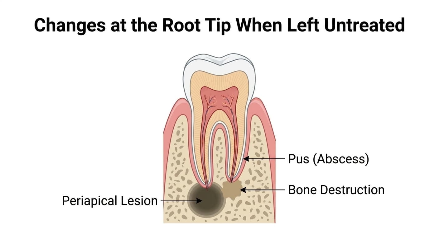 Cross-section showing the lesion and pus that untreated pulp necrosis has created at the bone around the root tip