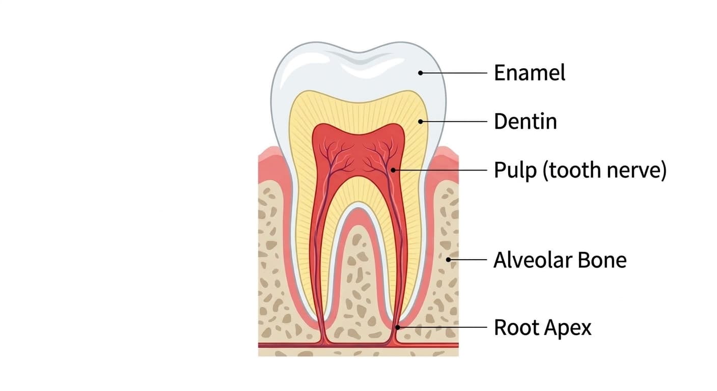 Cross-section of a tooth showing, from the outside in, the enamel, dentin, pulp (tooth nerve), root apex, and alveolar bone