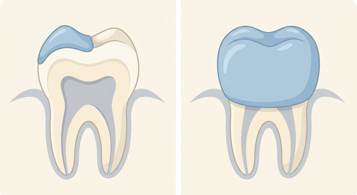 A cross-sectional diagram comparing, side by side, an onlay restoration that covers only one cusp of a molar with a crown restoration that encases the entire tooth