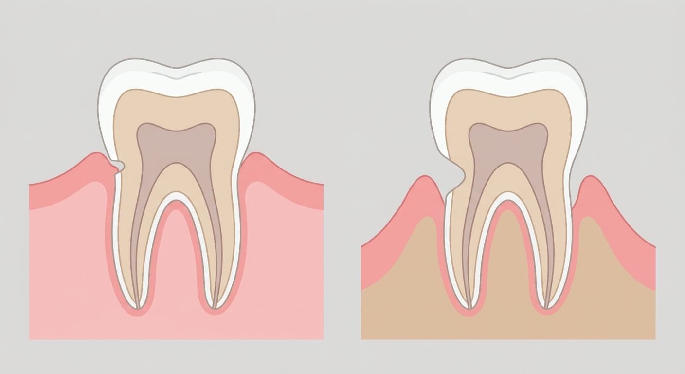 Side-by-side cross-section comparing a tooth with a shallow notch at the neck and gum in a normal position against a tooth with a deeper notch and receded gum