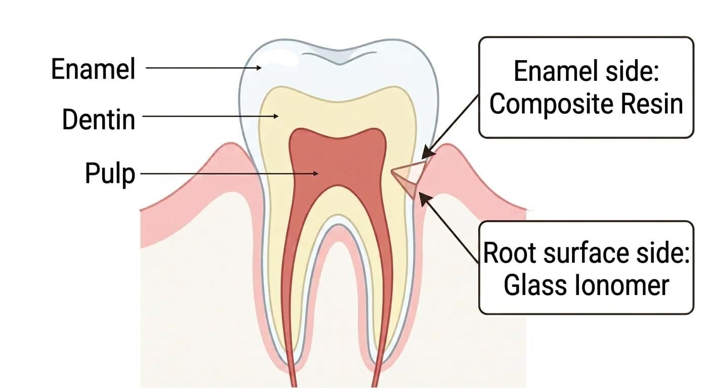 An illustration dividing a wedge-shaped defect at the tooth neck into the enamel side and the root surface side, with arrows showing which material, composite resin or glass ionomer, is considered depending on location