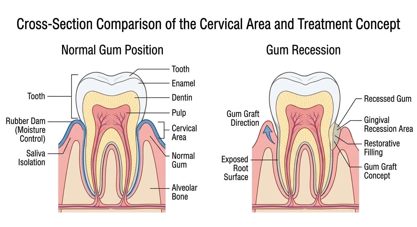 An illustration comparing side by side a case where the gum is in its normal position and a case where the gum has receded to expose the root, showing the concept of considering a gum graft together with restorative filling in the latter case