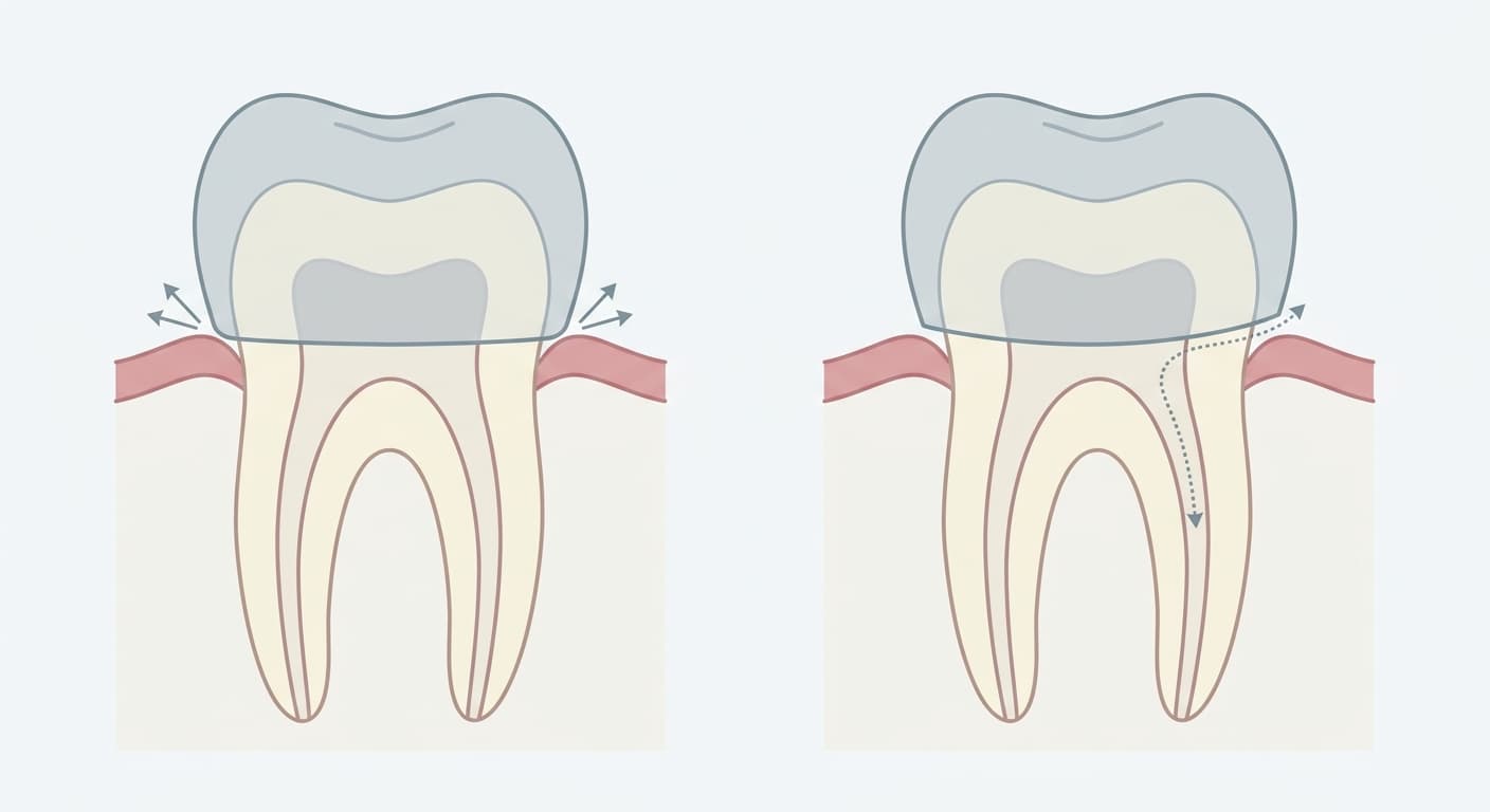 Cross-section comparing a temporary crown margin sealed tightly against the tooth with one where a gap at the margin shows a leakage path inward