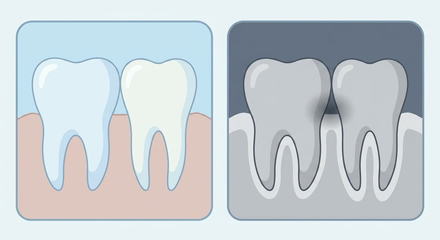 Illustration comparing teeth as seen with the naked eye side by side with how they appear on an X-ray. The left panel shows two teeth that look problem-free, while the right panel shows an X-ray-style view with a shadow beneath the contact surface