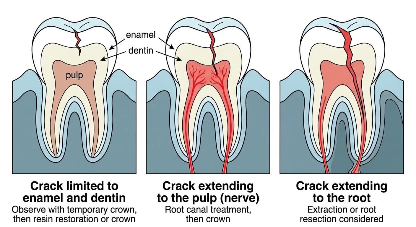 Comparison of tooth cross-sections showing how treatment differs when a crack is limited to enamel and dentin, extends to the pulp, or extends to the root