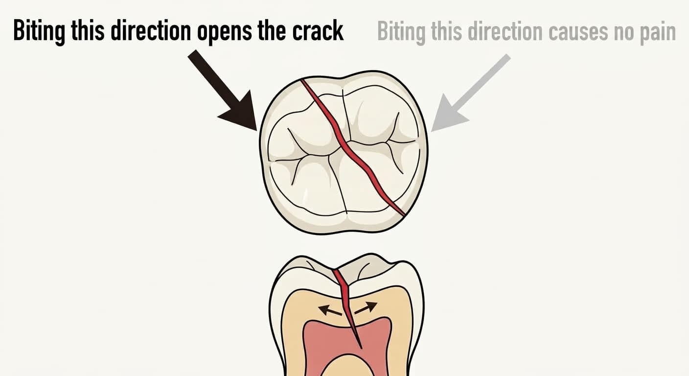 Illustration of a molar's chewing surface showing why biting from one direction causes pain and biting from the other doesn't, with a cross-section showing the crack opening