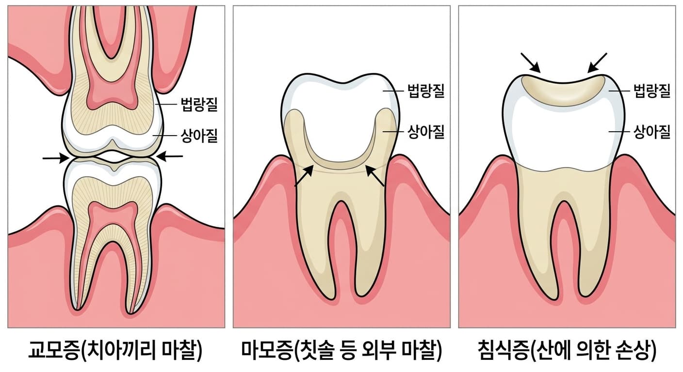 A diagram comparing attrition, in which friction between teeth flattens the chewing surface; abrasion, in which external friction such as toothbrushing carves a U-shaped notch at the gumline; and erosion, in which acid damage thins the chewing surface into a cup shape.
