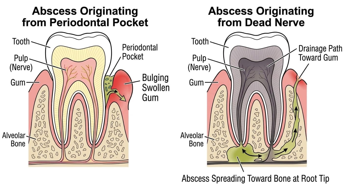 Cross-section diagram comparing an abscess that starts from a periodontal pocket with one that starts from a dead nerve
