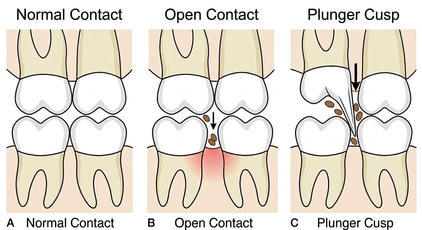 Two causes of interdental food impaction. A shows normal contact, B shows an open contact where a gap lets food in and inflames the gum, and C shows a plunger cusp where the opposing cusp drives into the space and pushes food in.