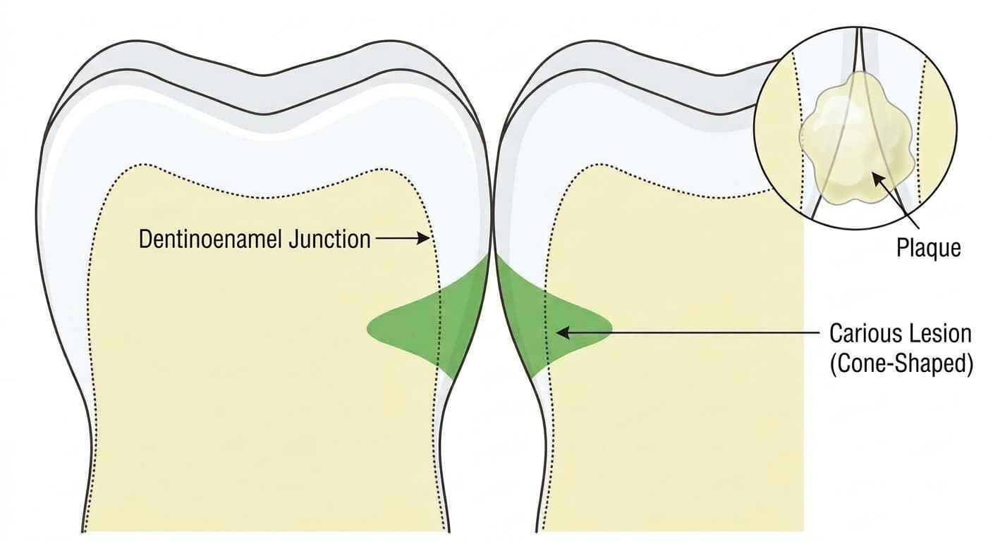 The progression pattern of interproximal caries. It begins where plaque accumulates below the contact point and progresses in a cone shape that is wide at the enamel surface and narrows toward the inner dentino-enamel junction.
