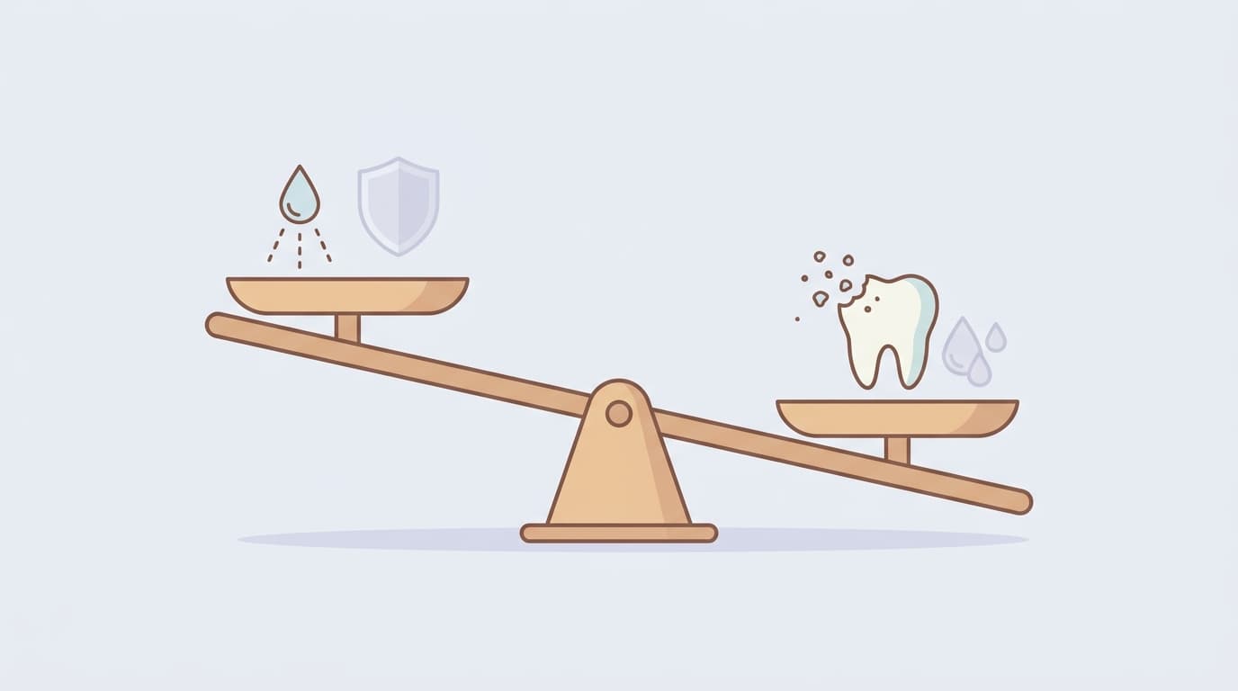 Illustration of a scale tipping toward cavities as saliva decreases and protective functions weaken