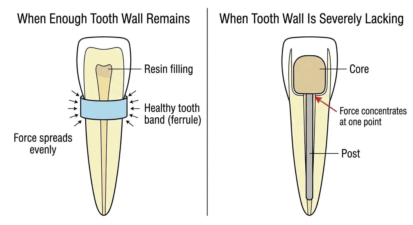 A cross-section comparing how force spreads in a root-canal-treated front tooth when enough tooth wall remains versus when it is severely lacking