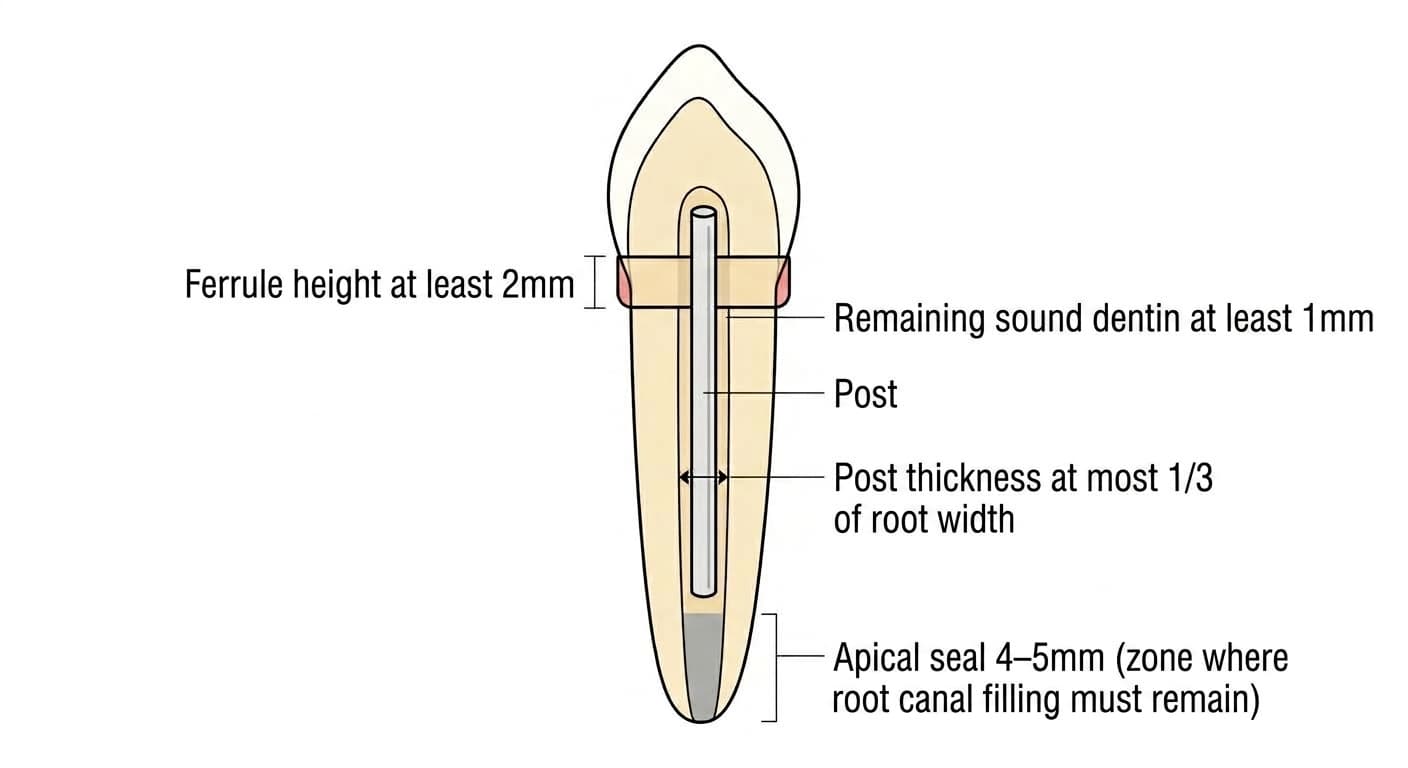 A cross-section showing the minimum dimensions that must be maintained when placing a post in a root-canal-treated front tooth