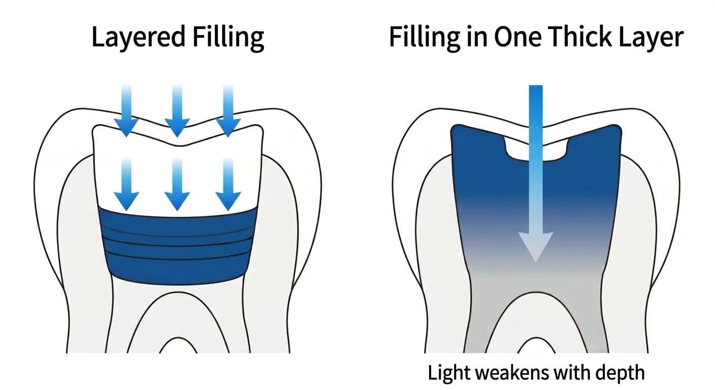 Illustration comparing how thin layered increments allow light to reach evenly so the whole layer cures fully, while a single thick increment lets light weaken with depth, leaving the bottom undercured